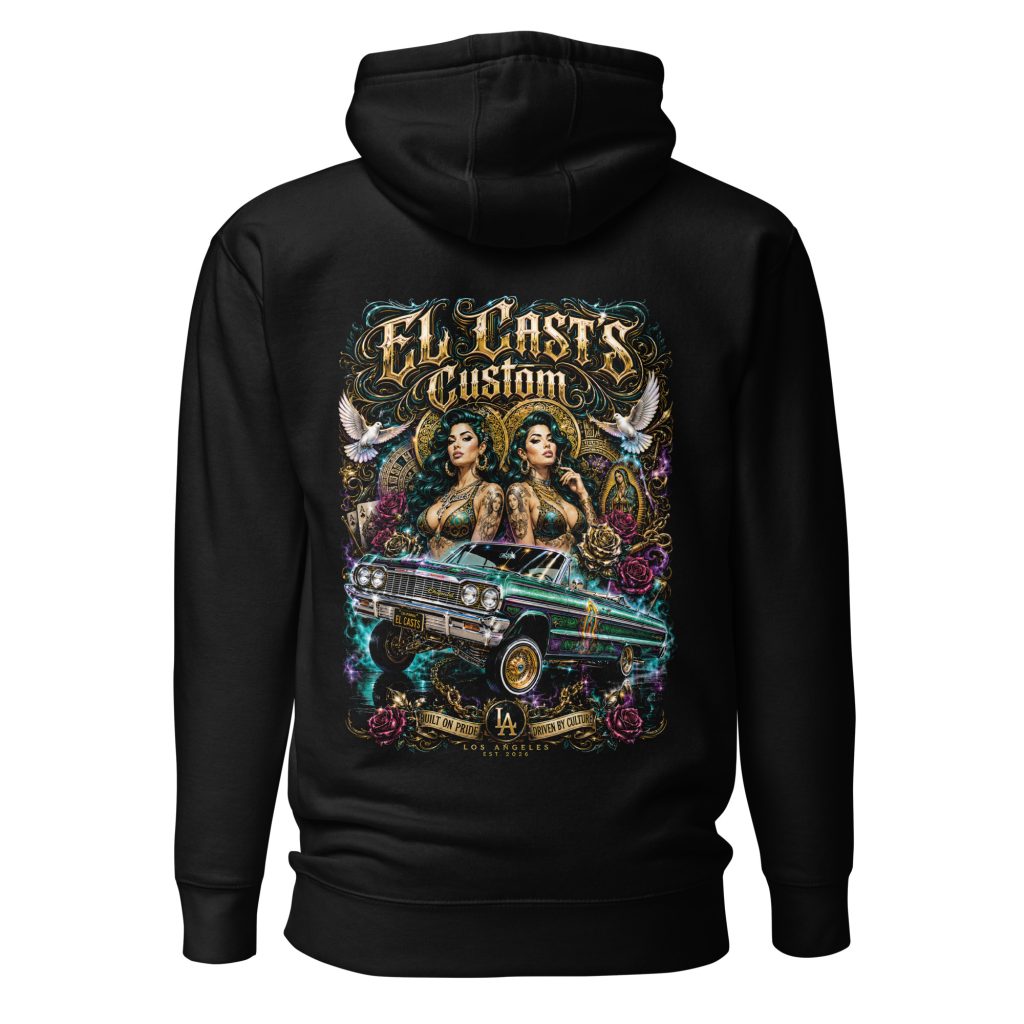 Hoodie noir Lowrider Legacy El Cast's Custom avec impression Chevrolet Impala et art Chicano